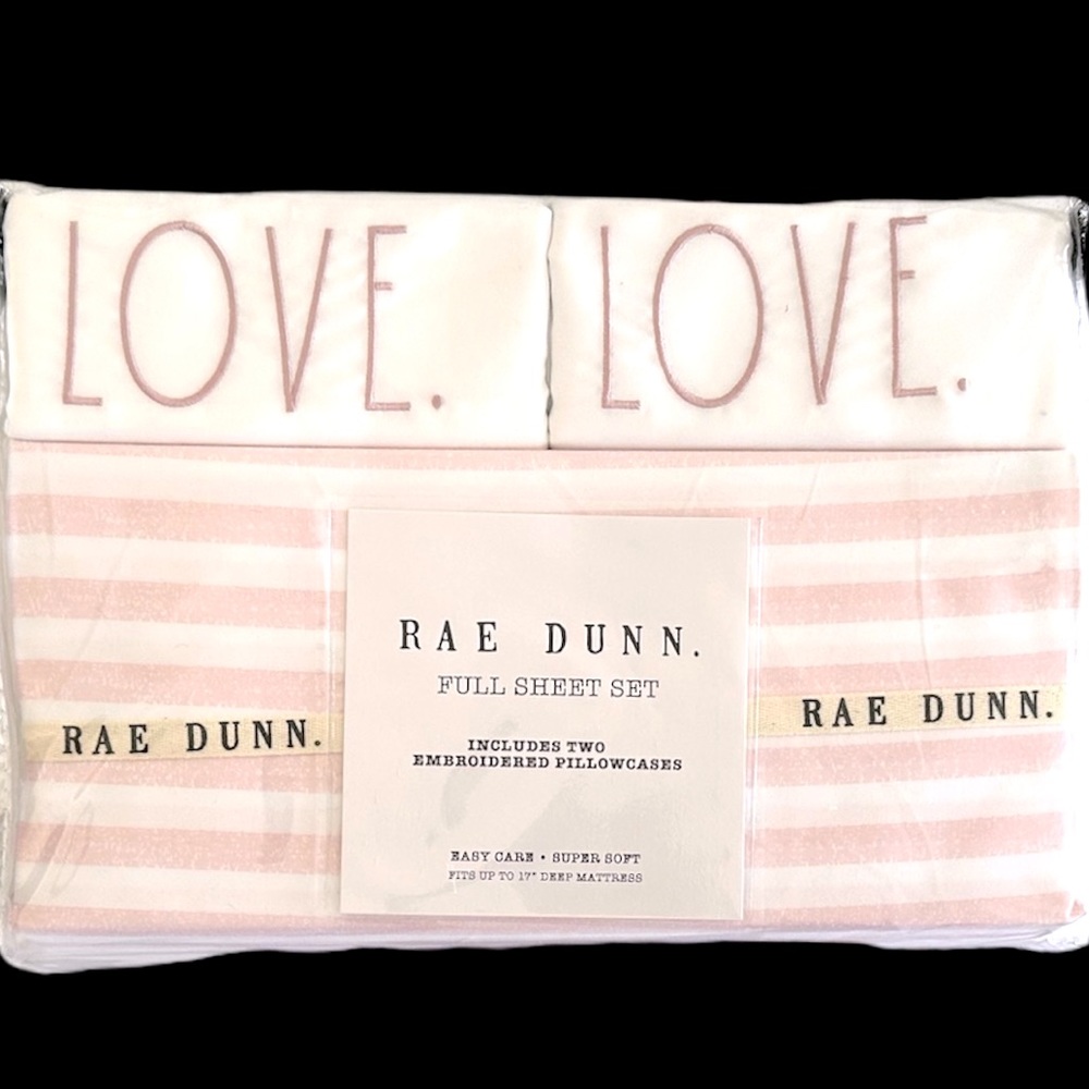 Rae Dunn Sheets Set LOVE Emroidered pillow cases Pink & White Stripes Valentines